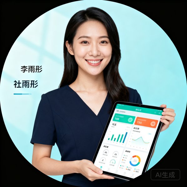 足球吧运营总监李雨彤的圆形头像，一位微笑的女性，手持平板电脑展示社区数据面板